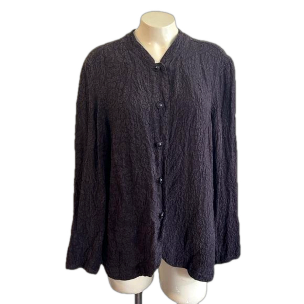 URU  100% embossed silk black blouse OS Made in USA.